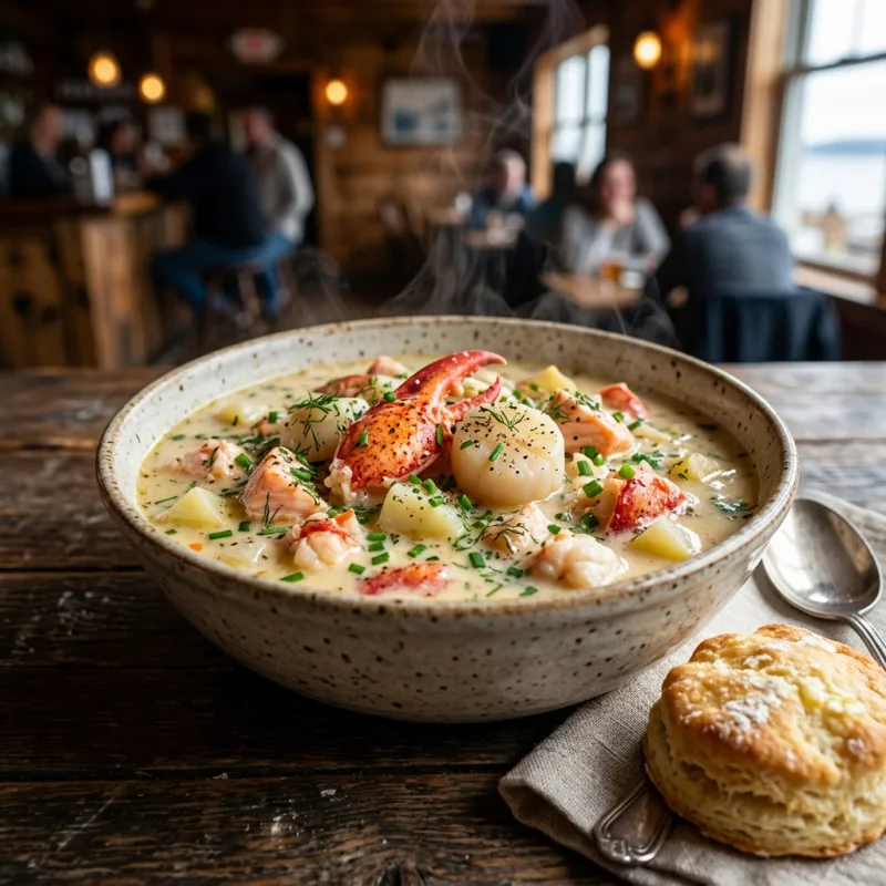 Bowl of Bay of Fundy seafood chowder with lobster and scallops