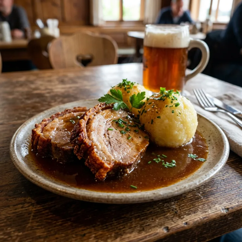 Bavarian Krustenbraten roast pork with crackling and potato dumpling