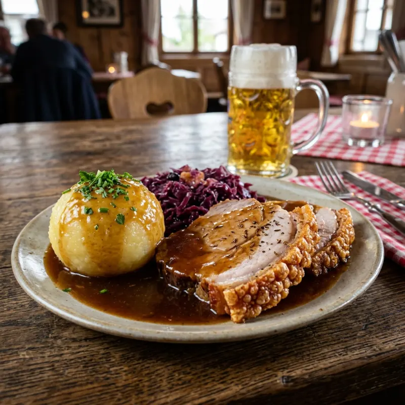 Bavarian roast pork with crackling potato dumpling and dark beer gravy in Garmisch