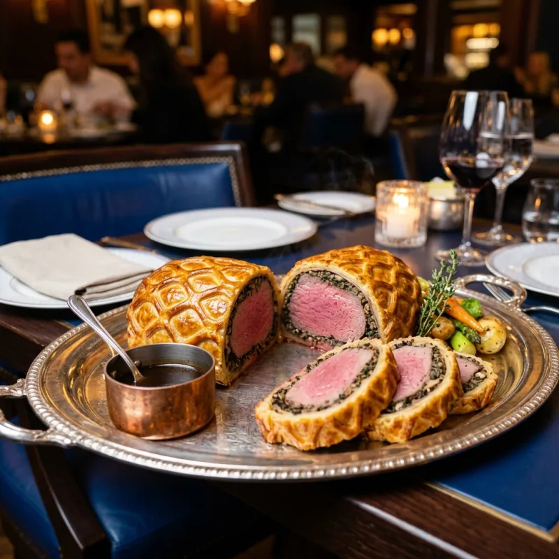 Golden-brown Beef Wellington sliced open to show tender pink beef inside an opulent dining setting