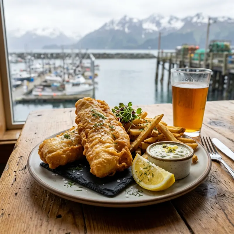 Golden beer-battered Alaska halibut fillets served with fries and tartar sauce overlooking Seward harbor.