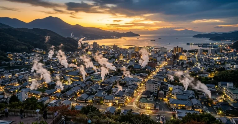 Beppu 4 Panoramic view of Beppu city with thermal steam vents rising toward Beppu Bay at dusk