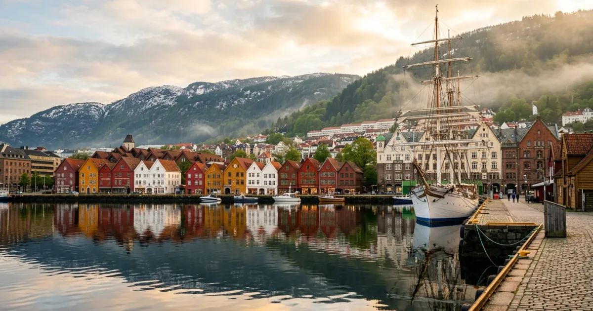 Panoramic view of Bergen's colorful Bryggen wooden buildings along Vågen harbor at sunset