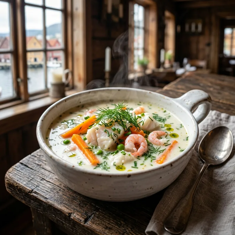 Steaming bowl of traditional Bergensk Fiskesuppe garnished with fresh dill and shrimp
