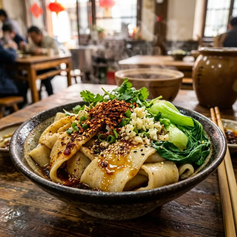 Bowl of wide hand-pulled biangbiang noodles with chili oil and fresh scallions