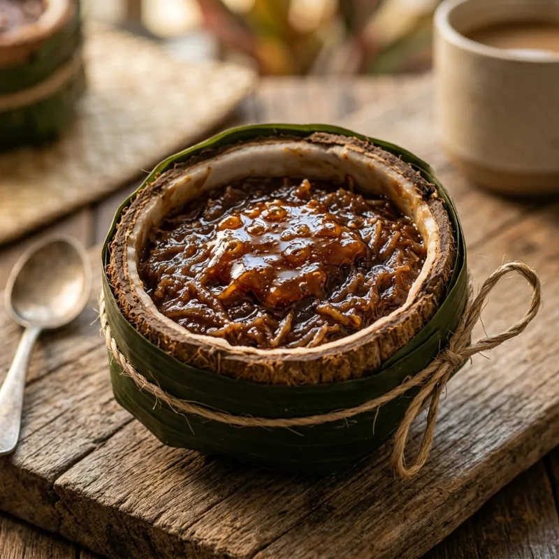 Authentic Leyte Binagol sweet root crop delicacy in a coconut shell