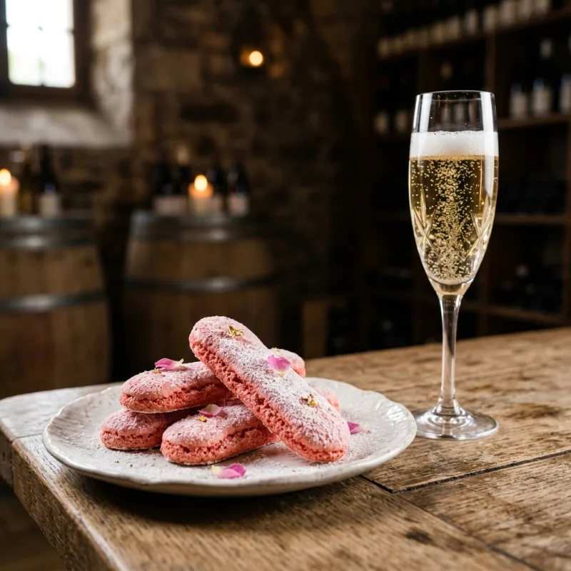 Biscuit Rose de Reims served with a glass of champagne