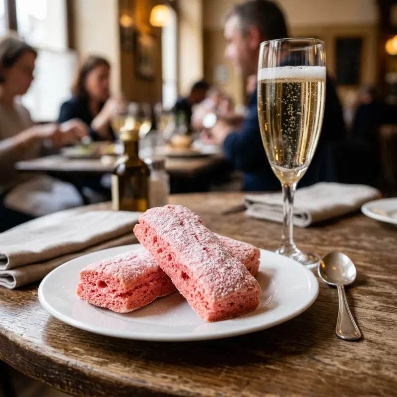 Pink Biscuit Rose de Reims with a glass of Champagne