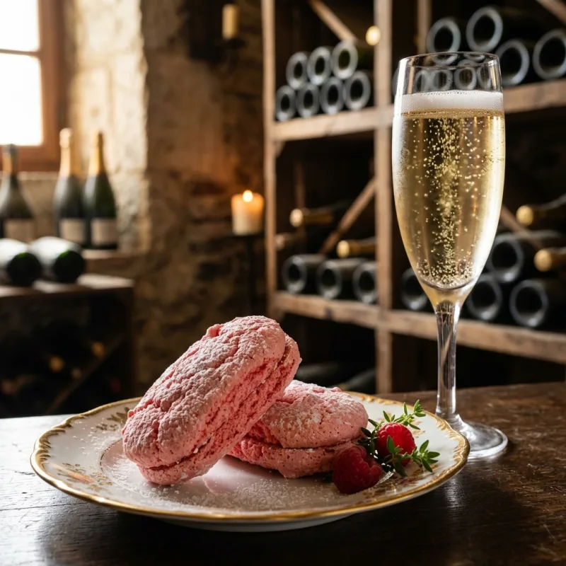 Pink Biscuit Rose de Reims next to a glass of champagne
