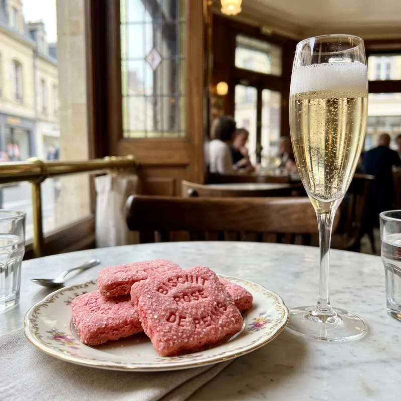 Pink Biscuits Rose de Reims with a glass of Champagne