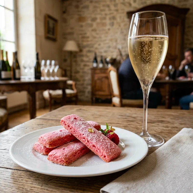 Biscuits Roses de Reims with a glass of champagne