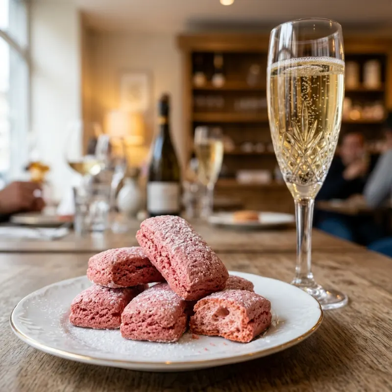 Pink Biscuits Roses de Reims next to a glass of champagne