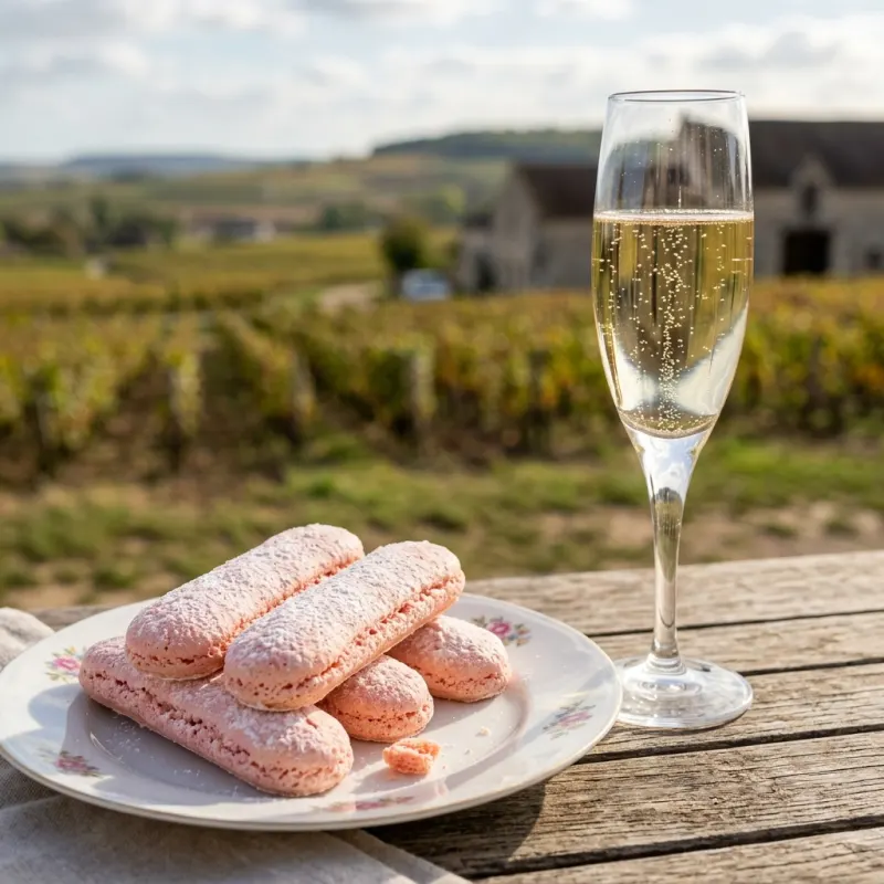 Pink Biscuits Roses de Reims next to a glass of champagne