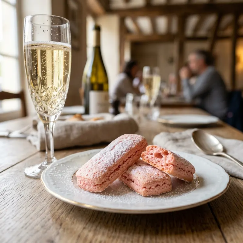 Biscuits Roses de Reims with a glass of Champagne