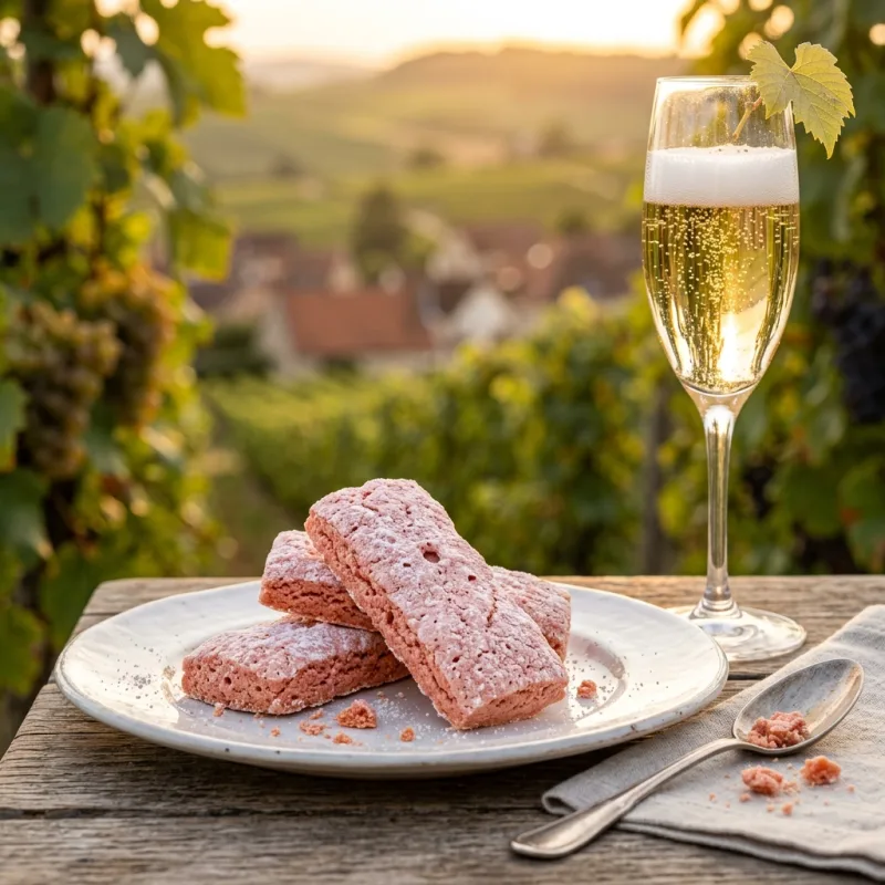 Biscuits Roses de Reims with a glass of champagne