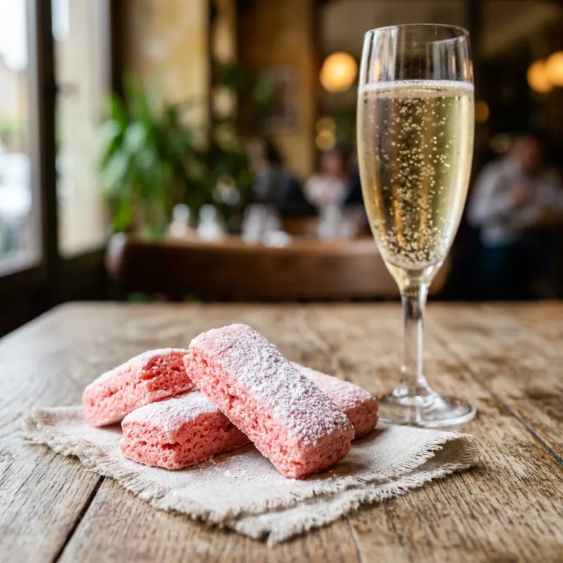 Biscuits Roses de Reims with a glass of Champagne