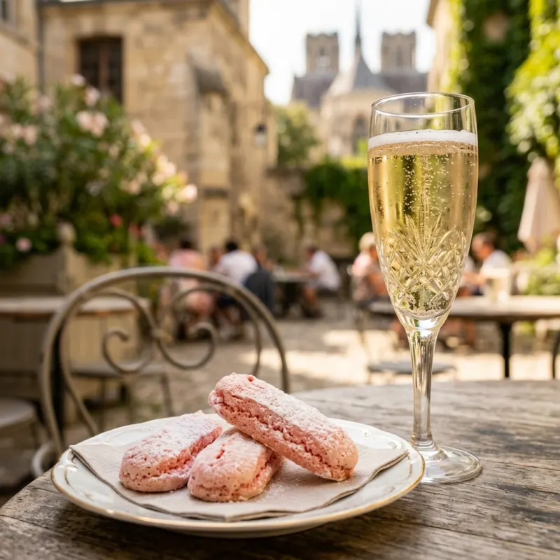 Biscuits Roses de Reims next to a glass of champagne