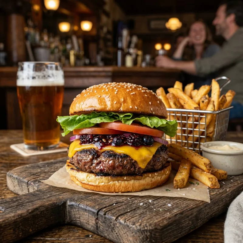 A delicious Yukon bison burger with wild berry relish and fries