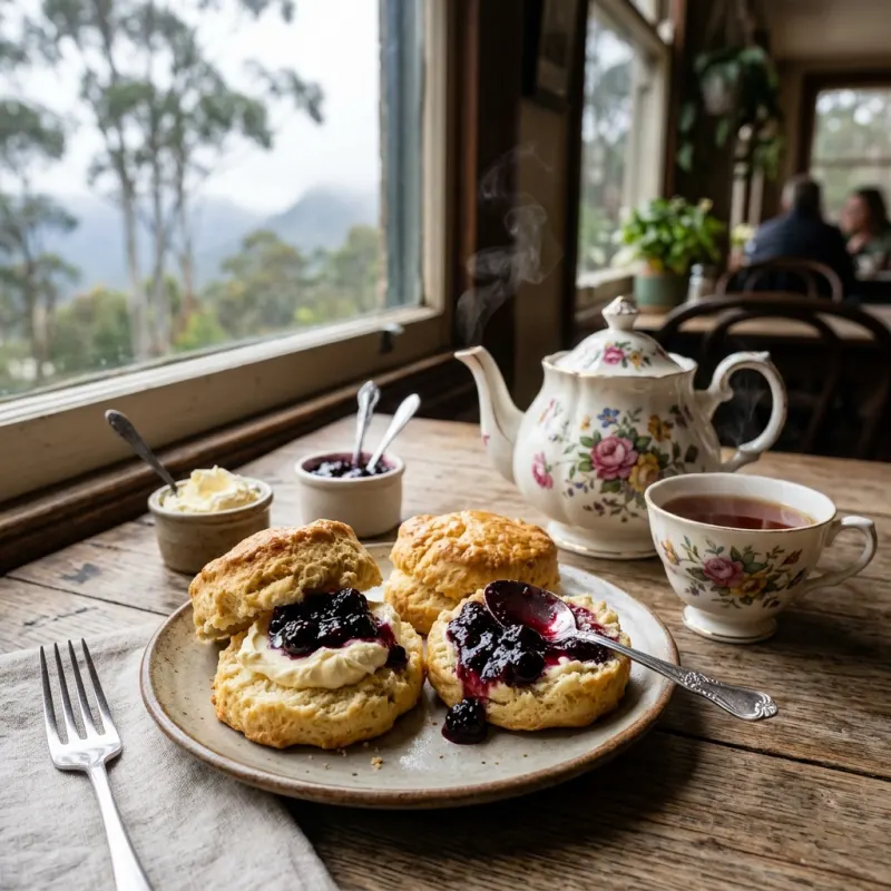 Freshly baked Devonshire tea scones with clotted cream and blackberry jam in Katoomba