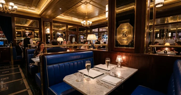 Bob Bob Ricard 1 Opulent Art Deco interior of Bob Bob Ricard restaurant in Soho London featuring blue booths and champagne button