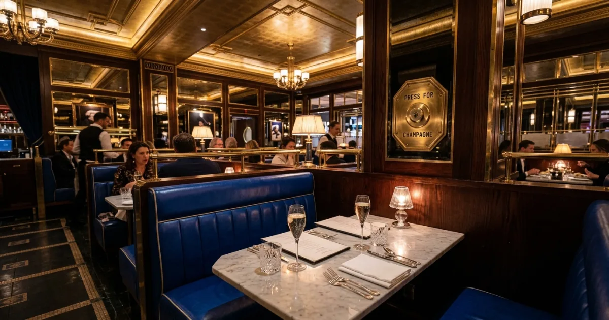Opulent Art Deco interior of Bob Bob Ricard restaurant in Soho London featuring blue booths and champagne button