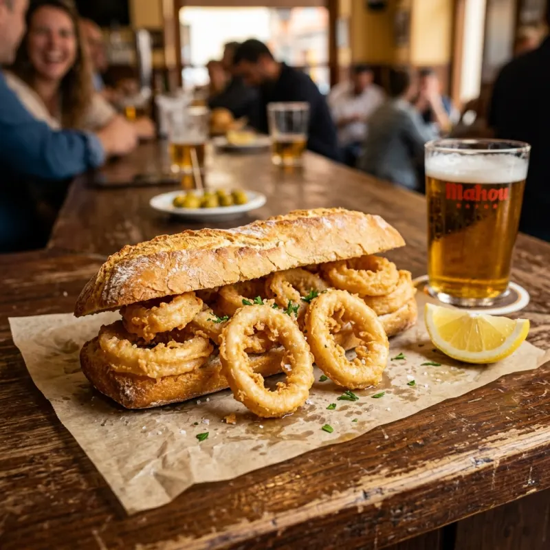 Authentic Madrid bocadillo de calamares with golden fried calamari rings