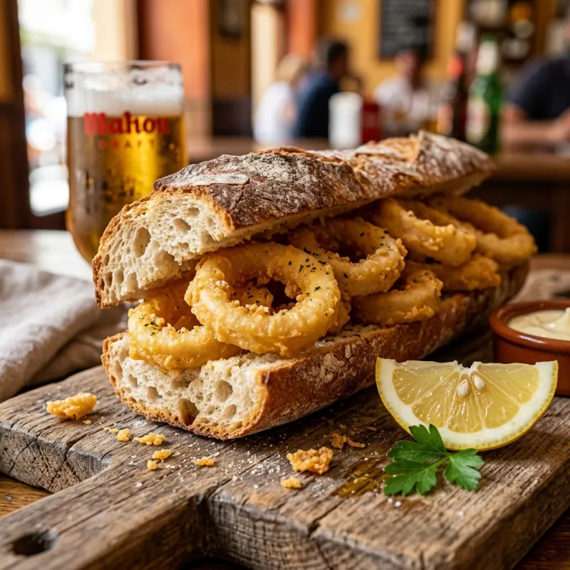 Authentic Madrid calamari sandwich bocadillo de calamares with lemon slice