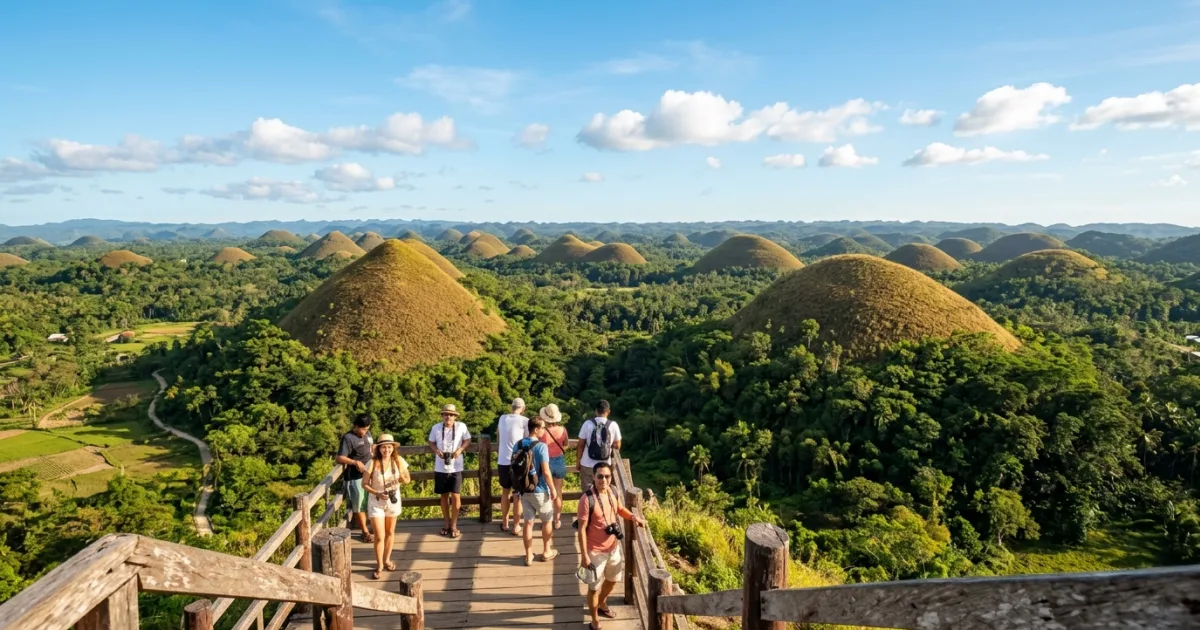 Panoramic wide view of the Chocolate Hills in Bohol Philippines