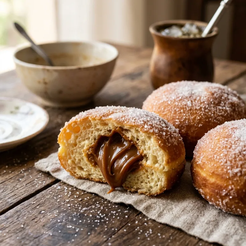 Golden sugar-coated Bollos de San Bernardino pastries filled with dulce de leche on a rustic wooden table.