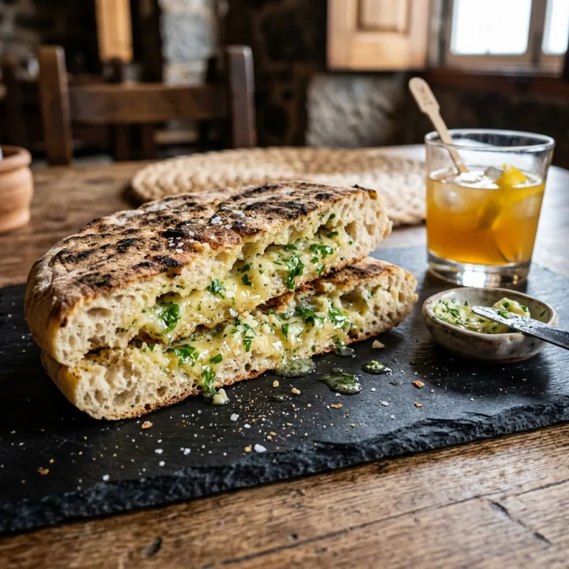 Warm Madeiran Bolo do Caco flatbread melting with herb garlic butter on a tavern table