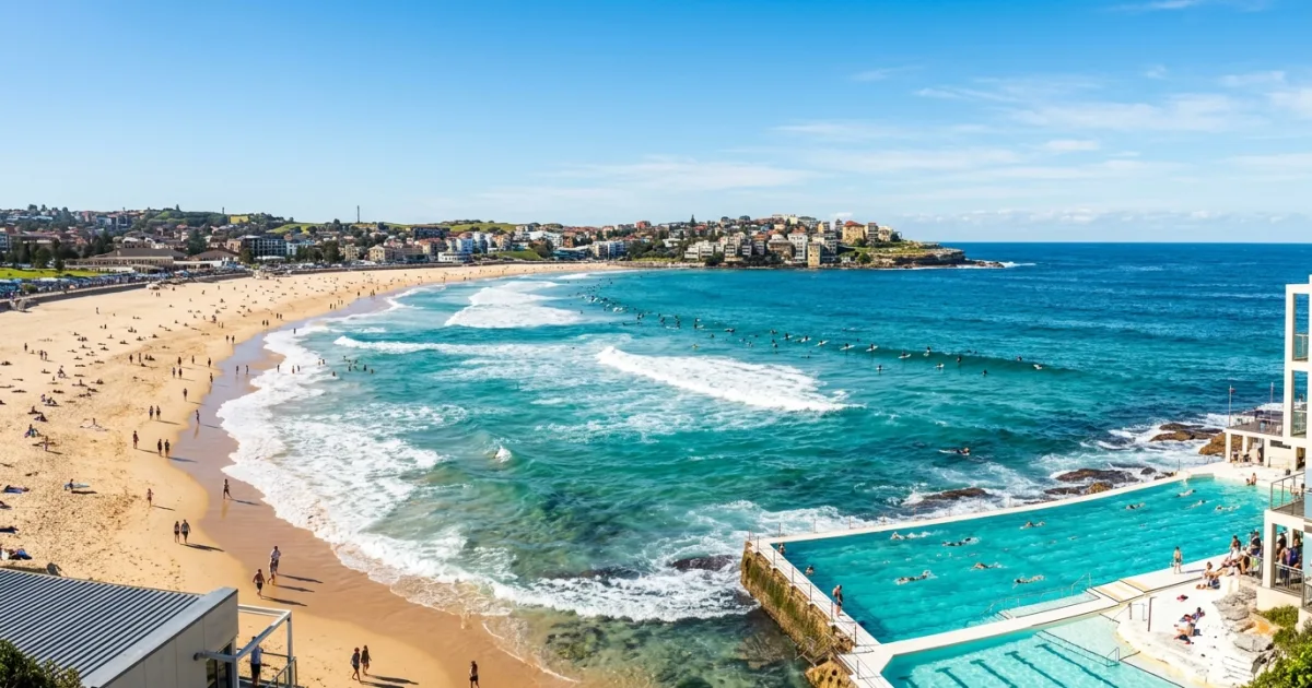 Panoramic overview of Bondi Beach and Icebergs ocean pool in Sydney Australia