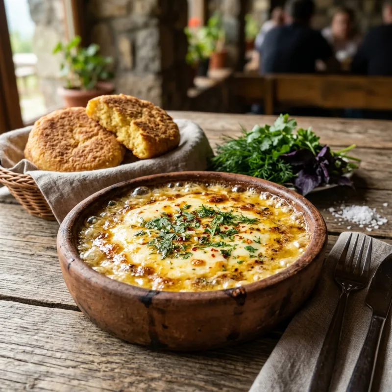 Authentic Adjarian Borano melted cheese in a clay ketsi