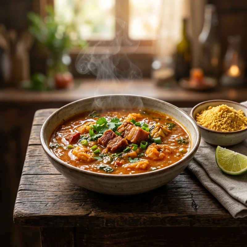 A traditional bowl of Bouillon d'Awara stew with cassava and smoked meats in French Guiana