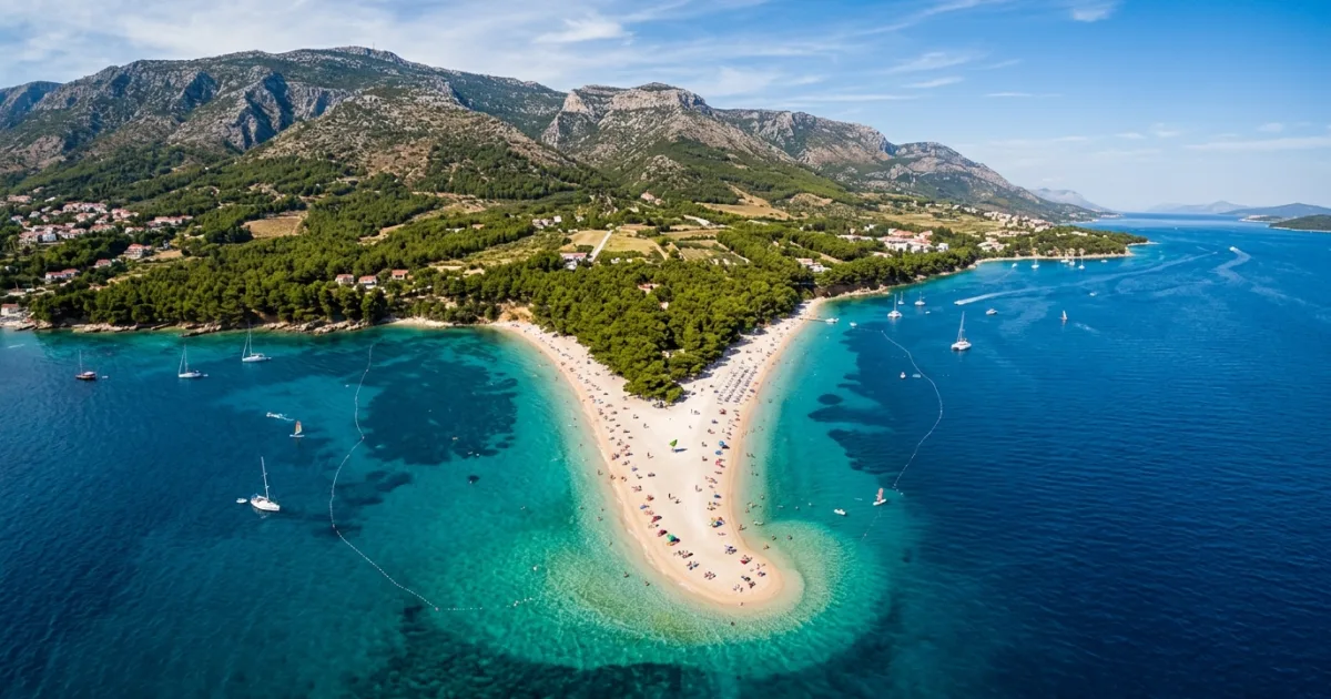 Aerial panoramic view of Zlatni Rat beach on the island of Brac Croatia surrounded by turquoise Adriatic waters
