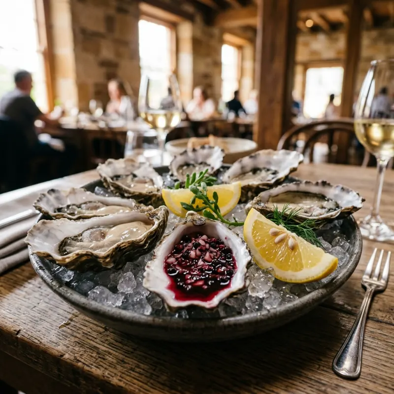 Freshly shucked Bruny Island oysters on crushed ice with lemon