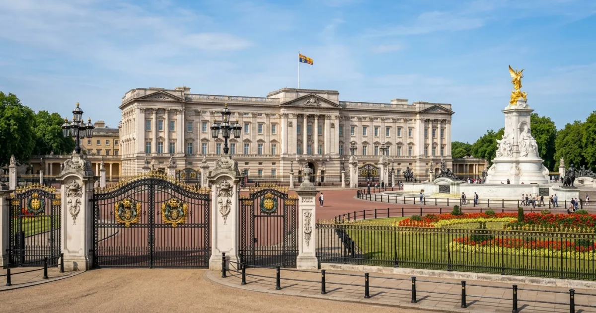 Wide-angle view of Buckingham Palace facade with the Victoria Memorial in London