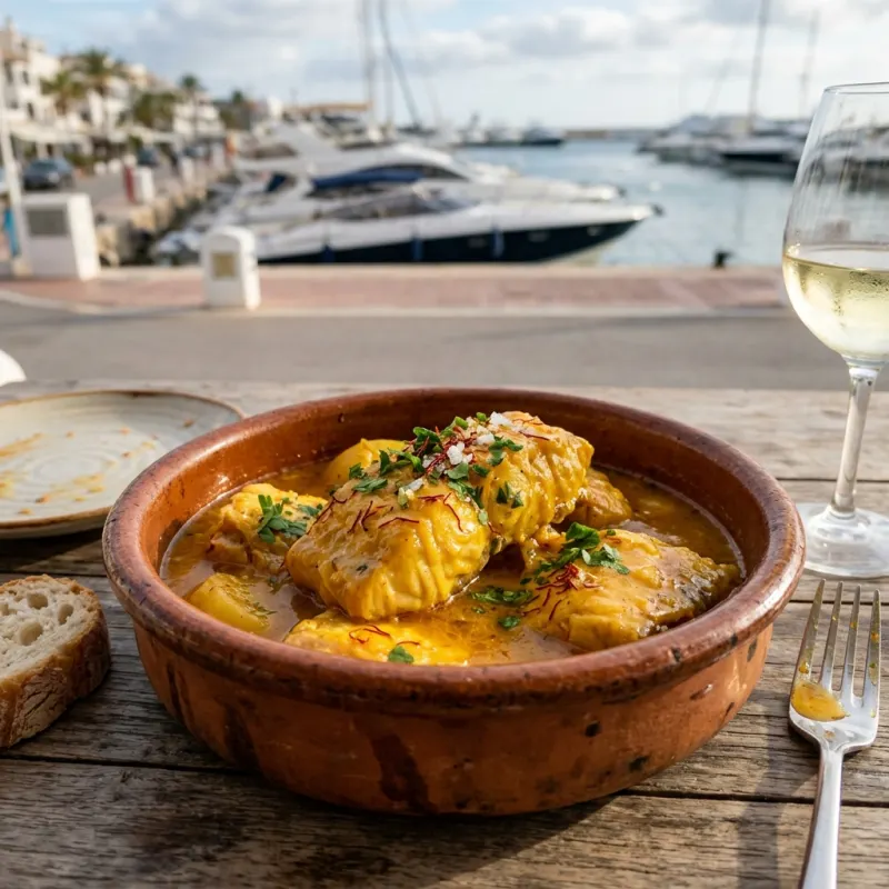 Authentic Balearic Bullit de Peix served on a waterfront terrace in Ibiza