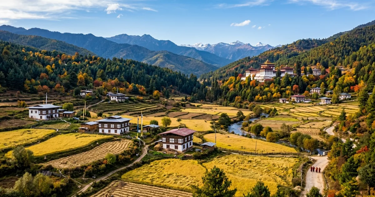 Panoramic scenic view of the Bumthang valley in Bhutan with traditional farmhouses and pine forests.