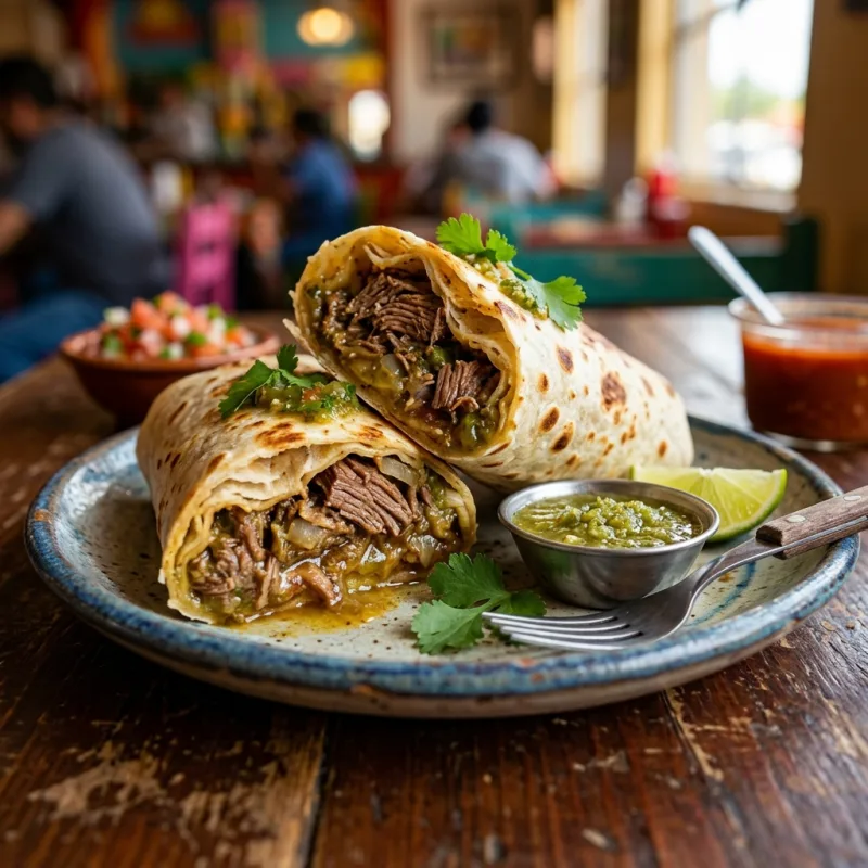Authentic Mexican burrito filled with shredded beef in green chile sauce on a ceramic plate