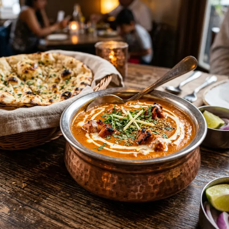 Authentic Delhi Butter Chicken served in a copper handi with tandoori garlic naan.