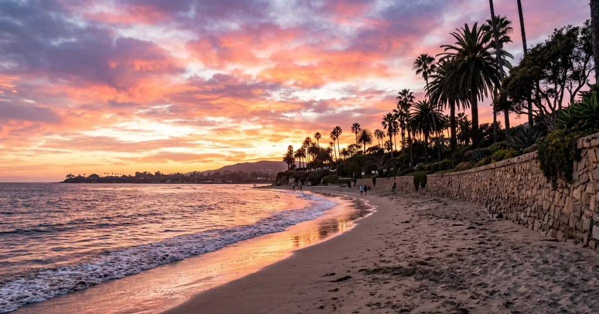 Vibrant sunset over the pristine sands of Butterfly Beach in Montecito