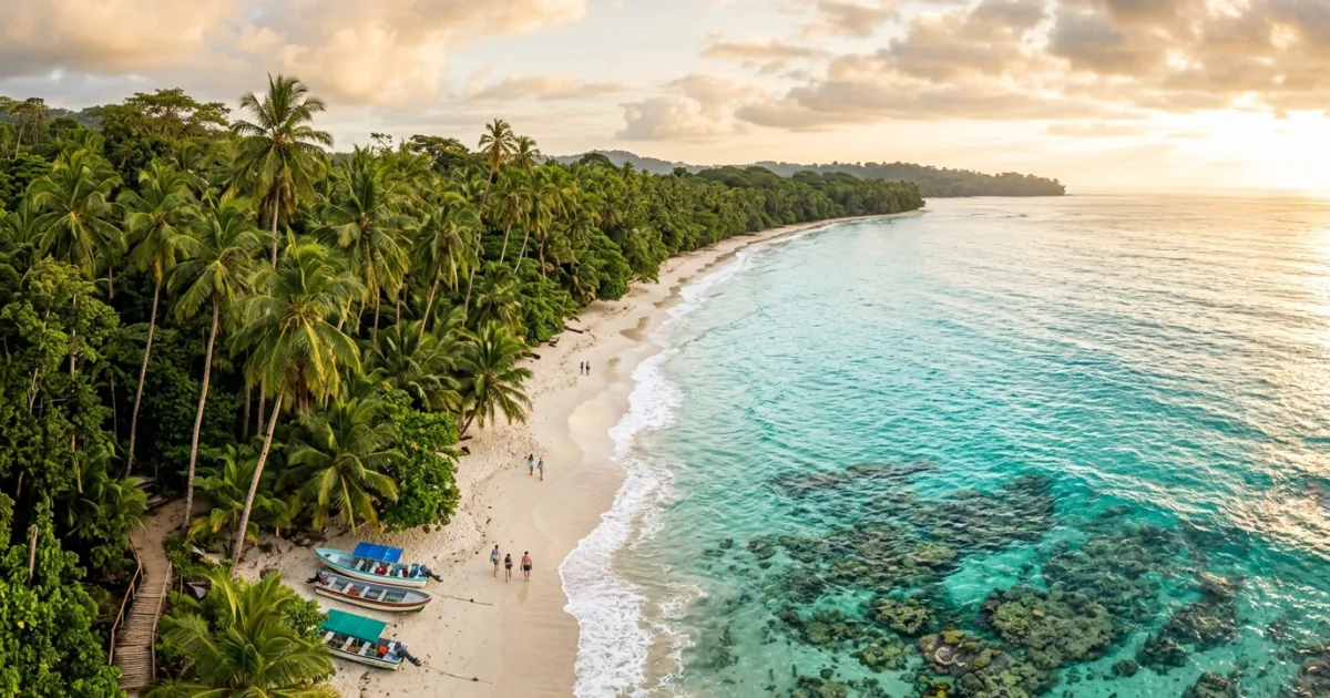 Panoramic view of Cahuita National Park beach with turquoise water and lush tropical jungle in Costa Rica