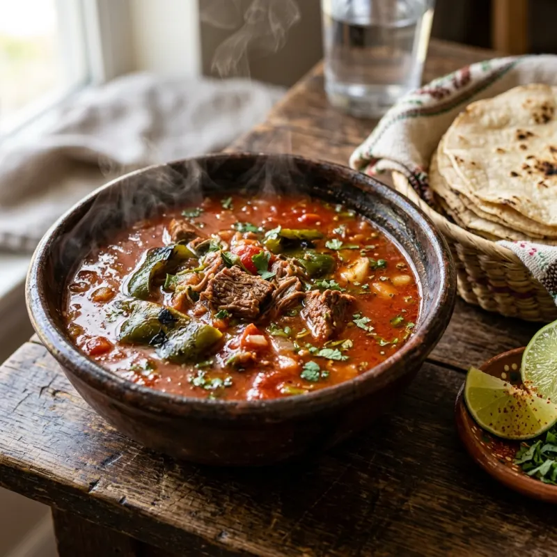 A bowl of traditional Caldillo Durangueño beef stew with tortillas