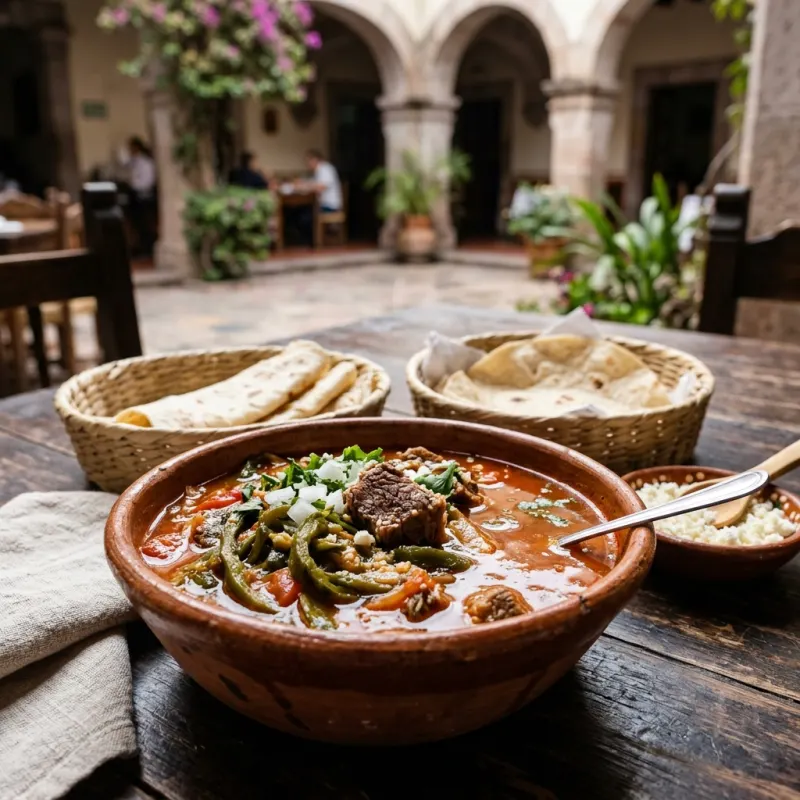 Authentic Caldillo Duranguense beef stew served in a rustic clay bowl with flour tortillas