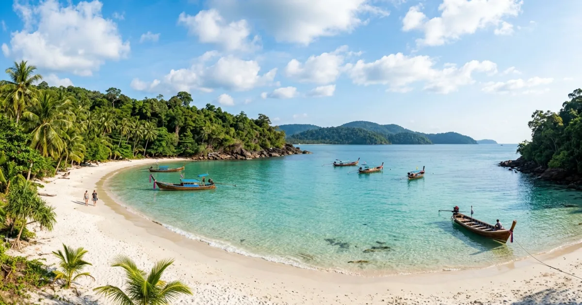 Panoramic turquoise coastline and tropical white sand beach of Koh Rong in Cambodia