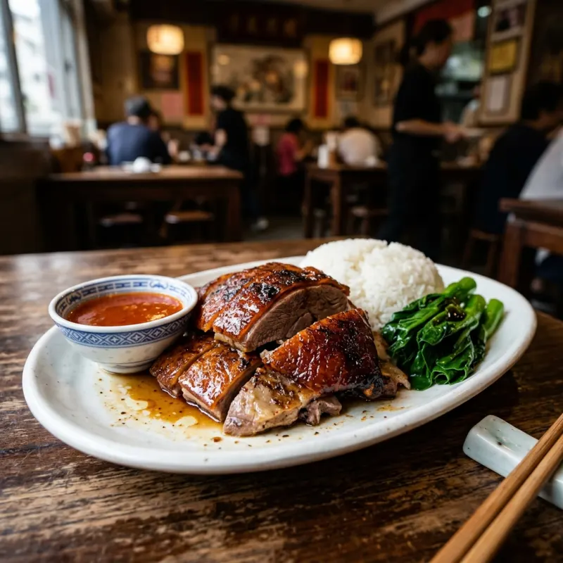 Carved Cantonese roast goose served with plum sauce and rice