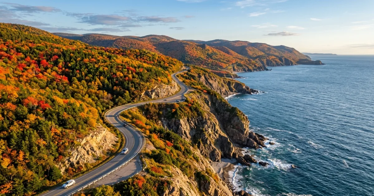 Scenic view of the Cabot Trail winding along the coast of Cape Breton Island during autumn