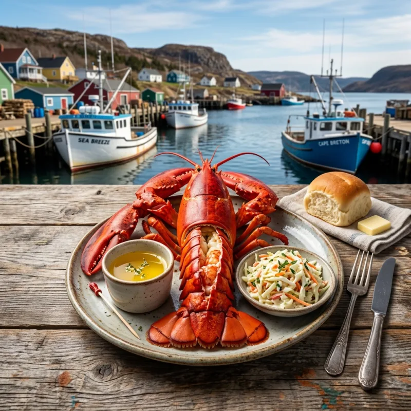 Traditional Cape Breton Lobster Dinner with melted butter and coleslaw