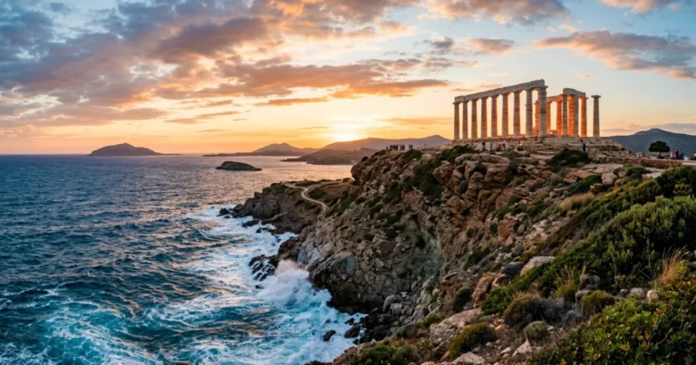 Cape Sounion 1 Ancient Temple of Poseidon atop rocky cliffs at Cape Sounion overlooking the Aegean Sea at sunset