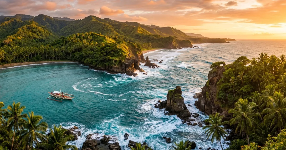 Scenic tropical coastline and coconut palm forests in Caraga Region Mindanao